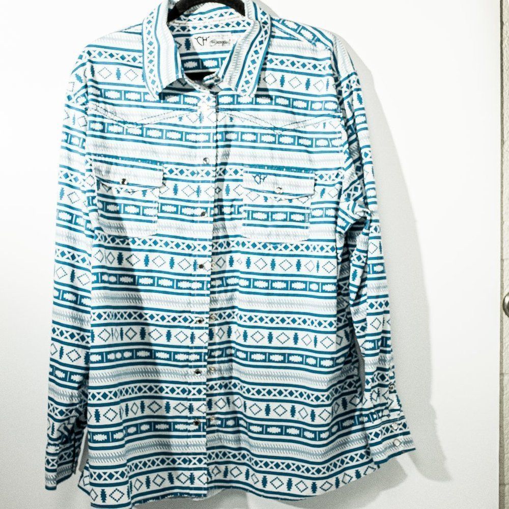 Cowgirl Hardware Long sleeve Western shirt Blue White Rhinestones S-XXl